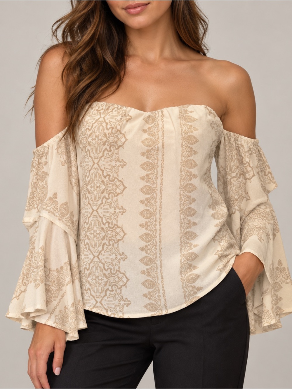 Renaissance boho Paisley Print Bell Sleeve Zip Detail Top Fairycore